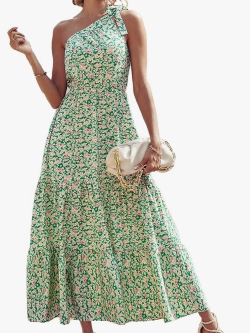 PrettyGarden One-Shoulder Green Floral Maxi Dress Size Medium‎